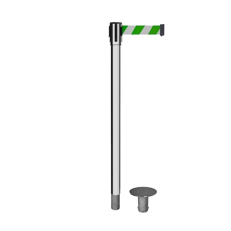 Retractable Belt Removable Stanchion, 2ft Pol.Steel Post  11ft. Grn/Wh